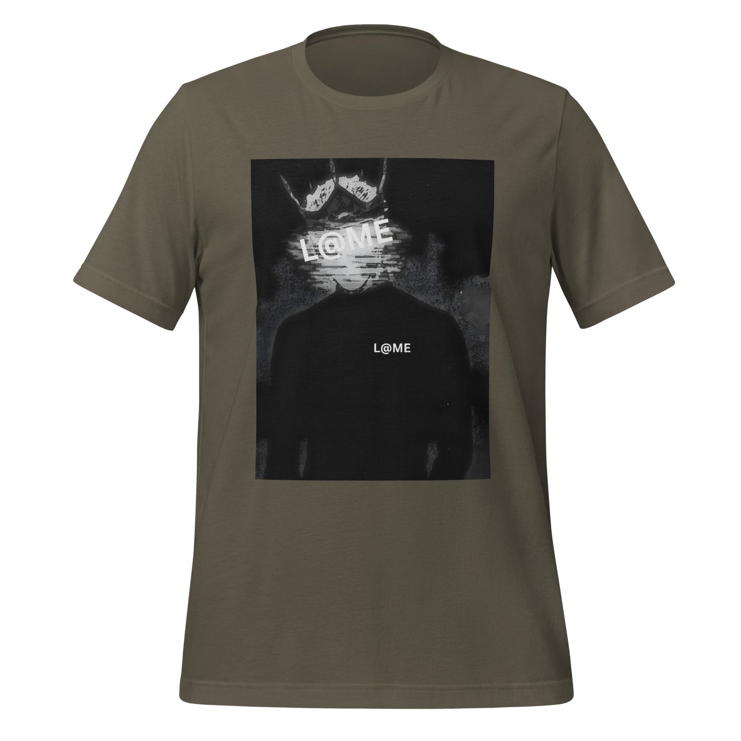 Black tee featuring a glitch-inspired design symbolizing chaos and control.