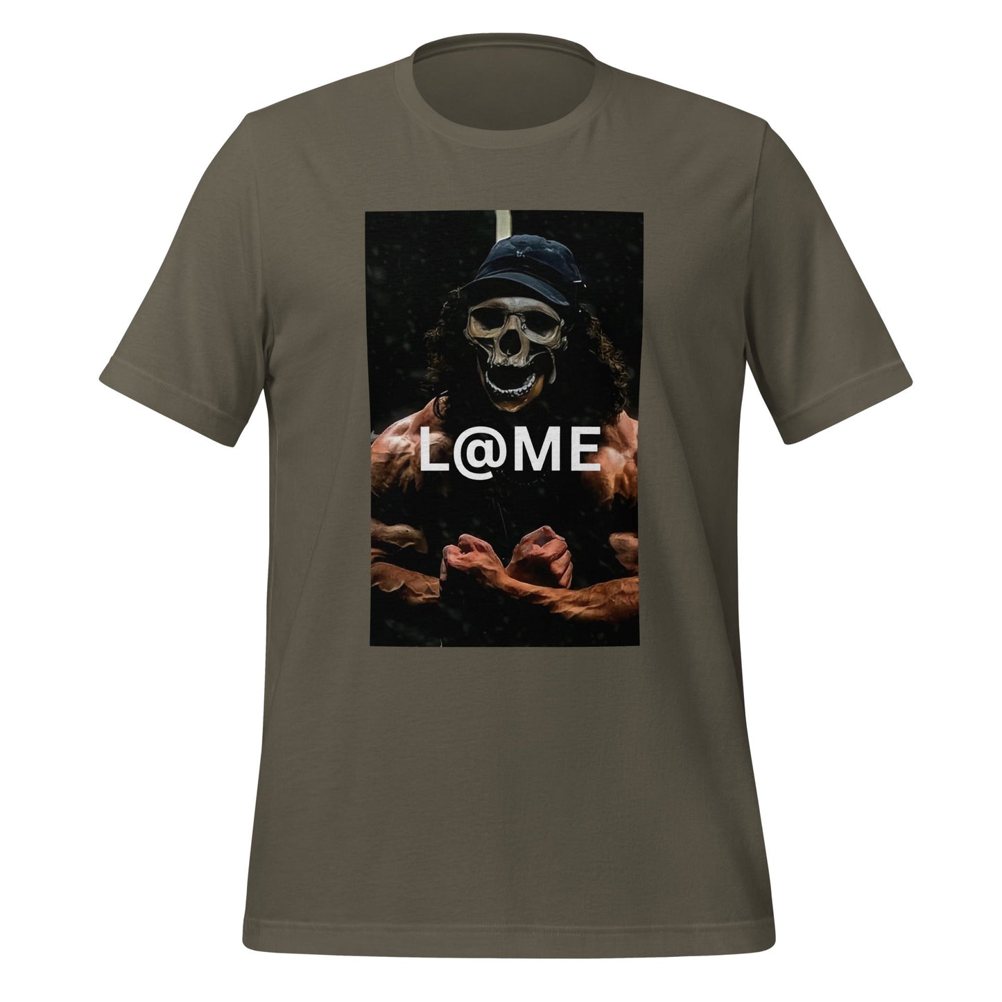 Black graphic tee featuring a skeletal figure flexing under dim light.