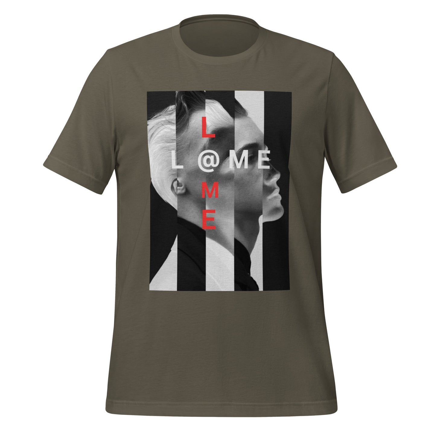 Black tee featuring bold white stripes and red text accents on a minimalist design.