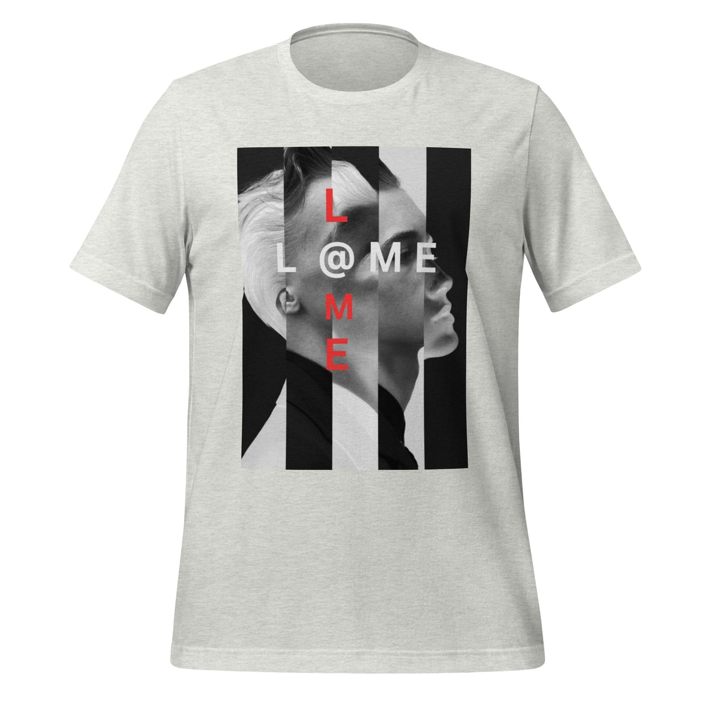 Black tee featuring bold white stripes and red text accents on a minimalist design.
