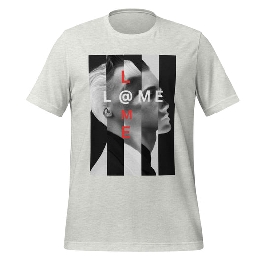 Black tee featuring bold white stripes and red text accents on a minimalist design.