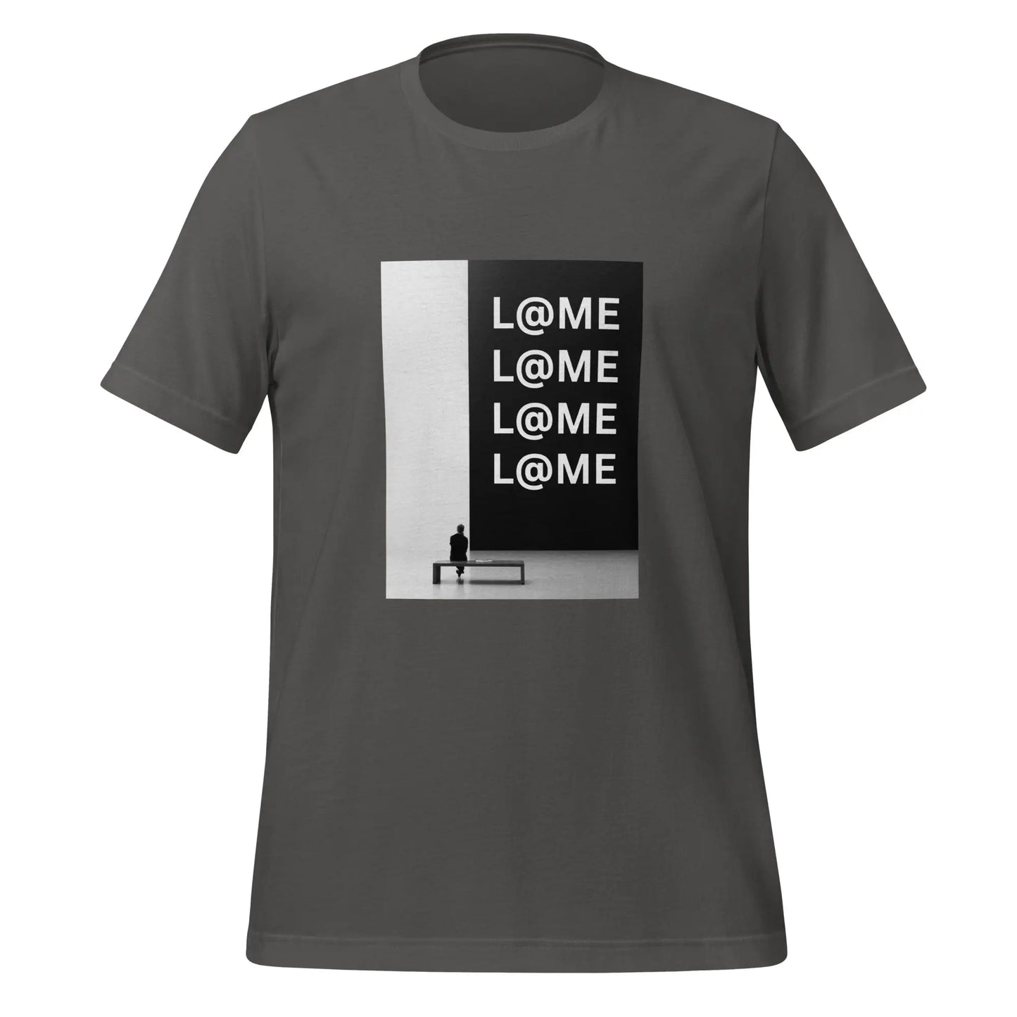 Monochrome unisex t-shirt featuring bold black-and-white L@ME typography on a clean backdrop.