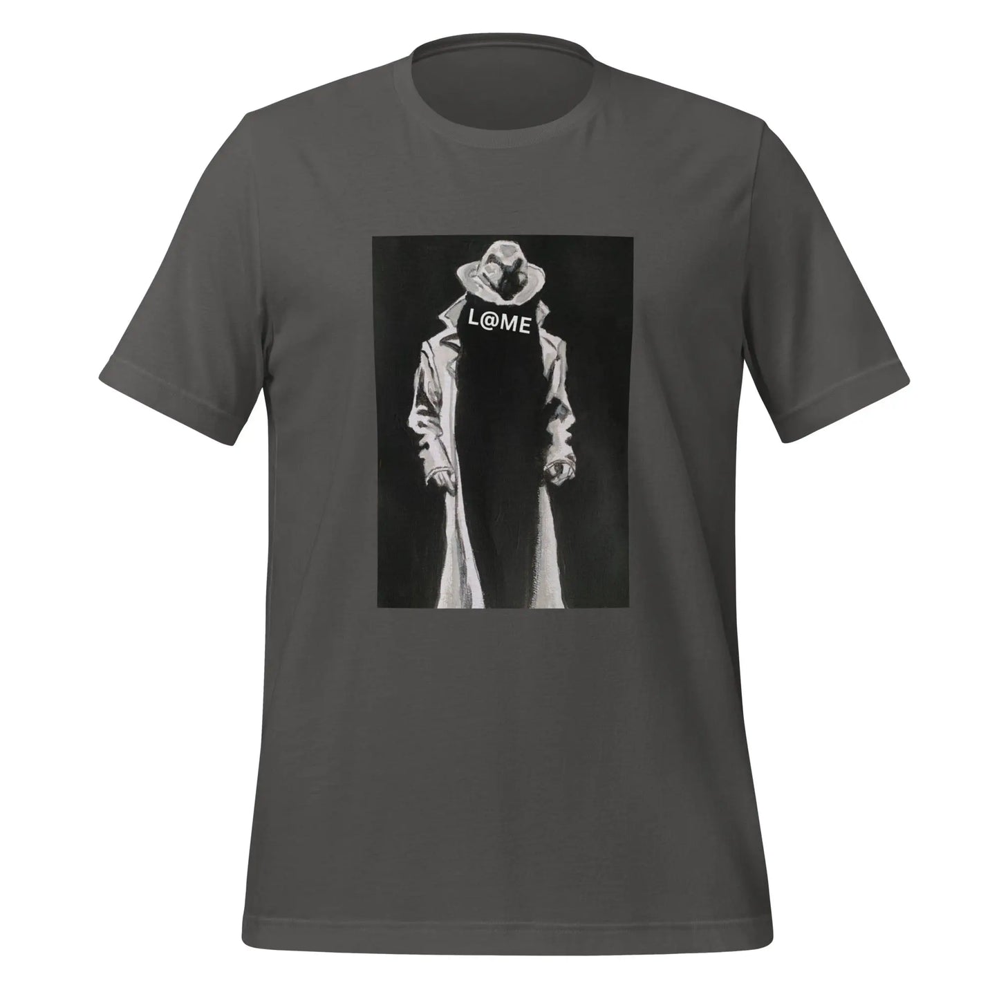 Black unisex t-shirt featuring a graphic of a trench-coated figure and L@ME logo.