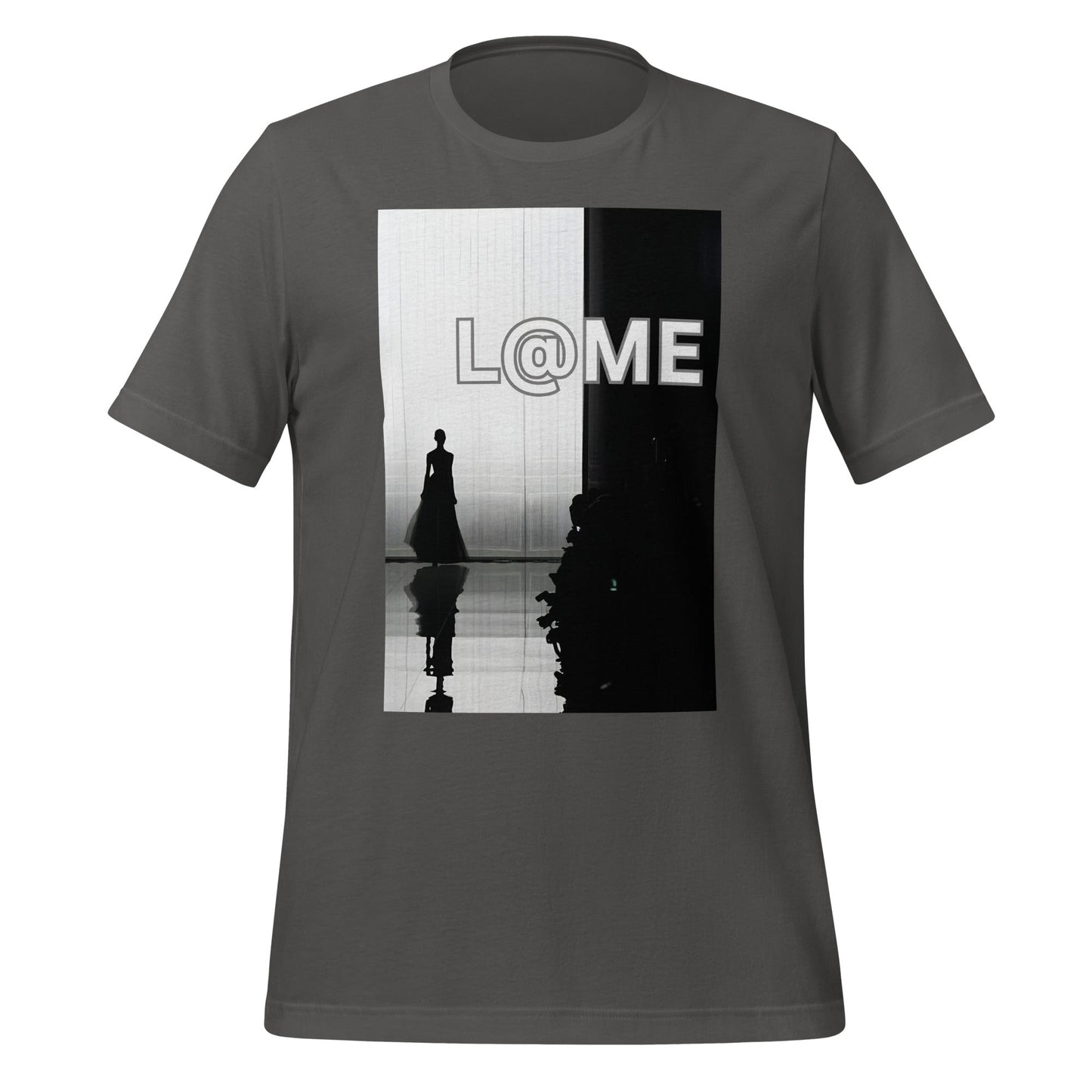 Unisex T-shirt featuring a high-fashion runway figure in monochrome on soft cotton fabric.