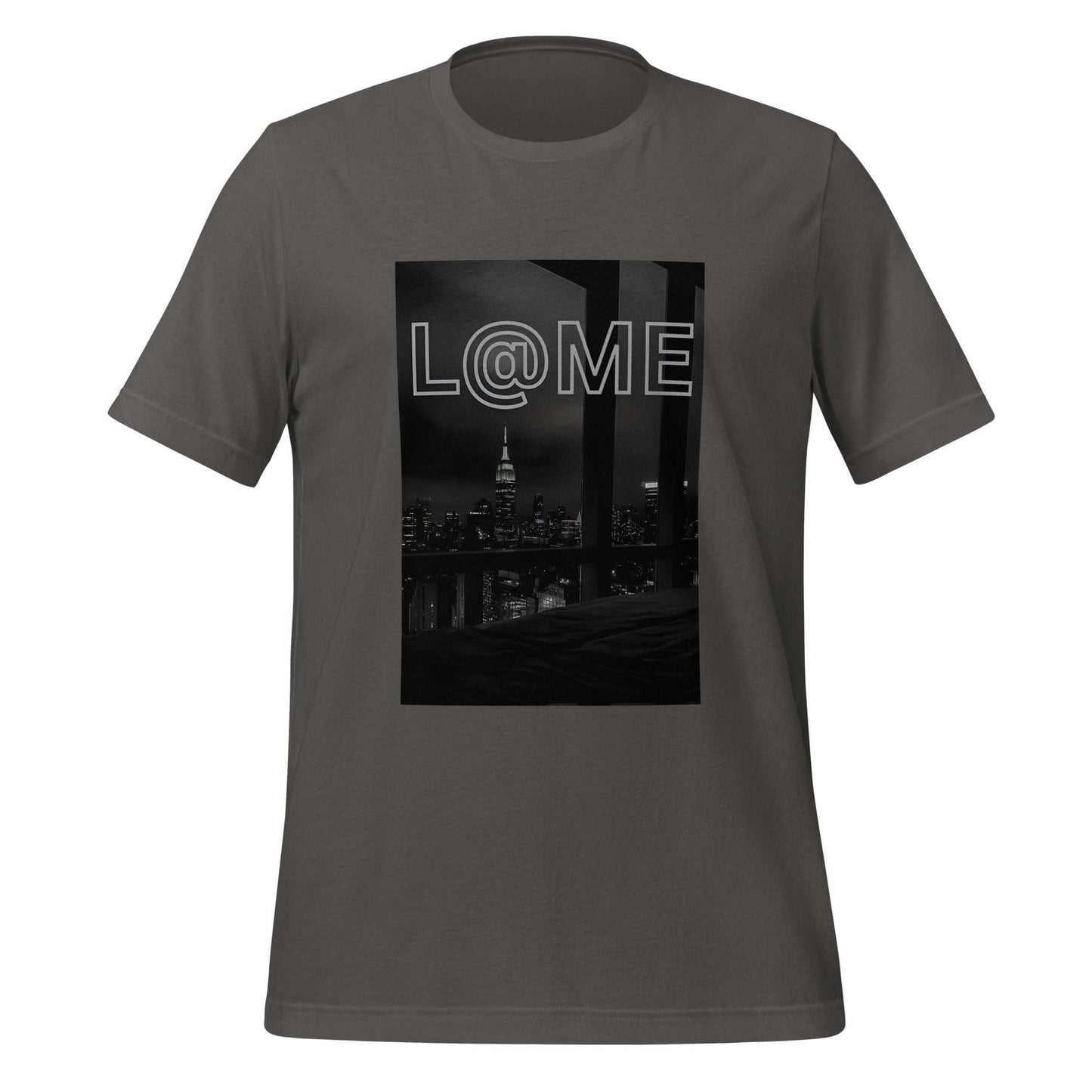 Black-and-white cityscape graphic t-shirt with L@ME logo, made of premium cotton.