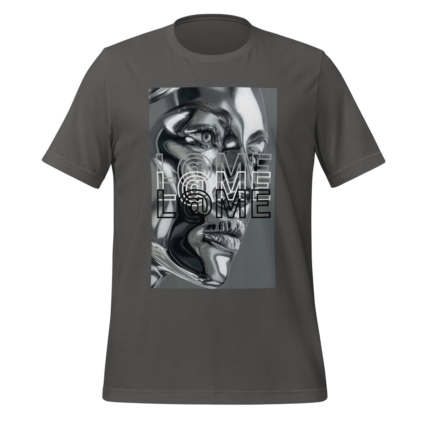 L@ME T-shirt with a metallic chrome face graphic and logo on a plain background