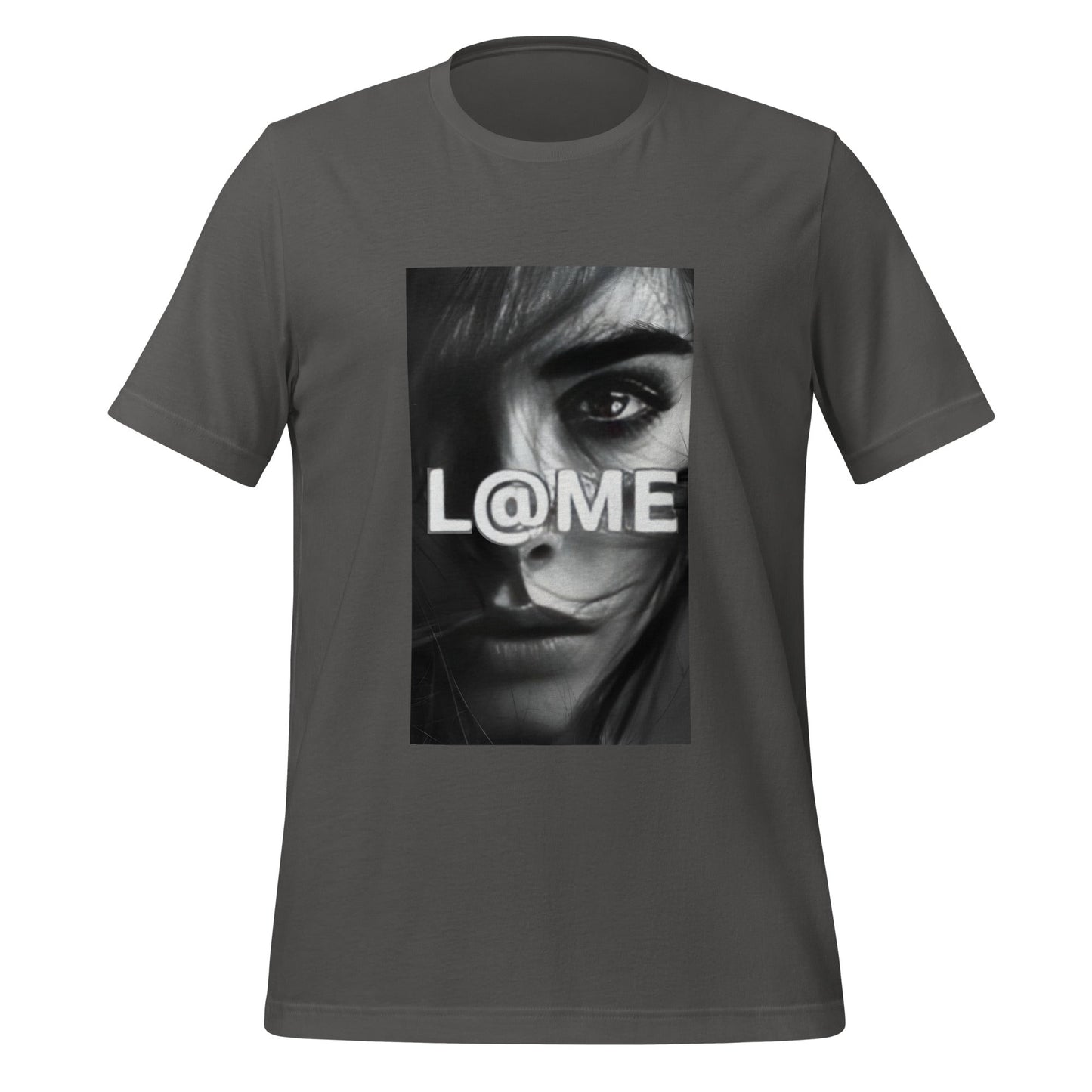 Black t-shirt featuring a grayscale face design and the L@ME logo on the front.