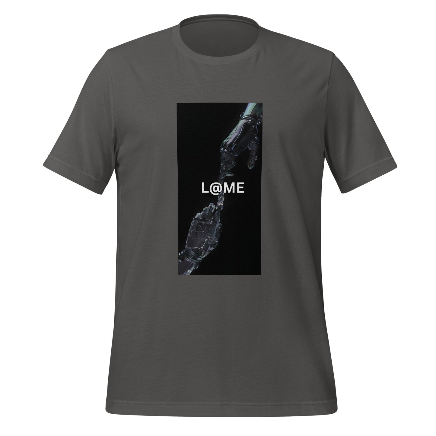 White tee with two robotic hands reaching out in a minimalist, futuristic design.