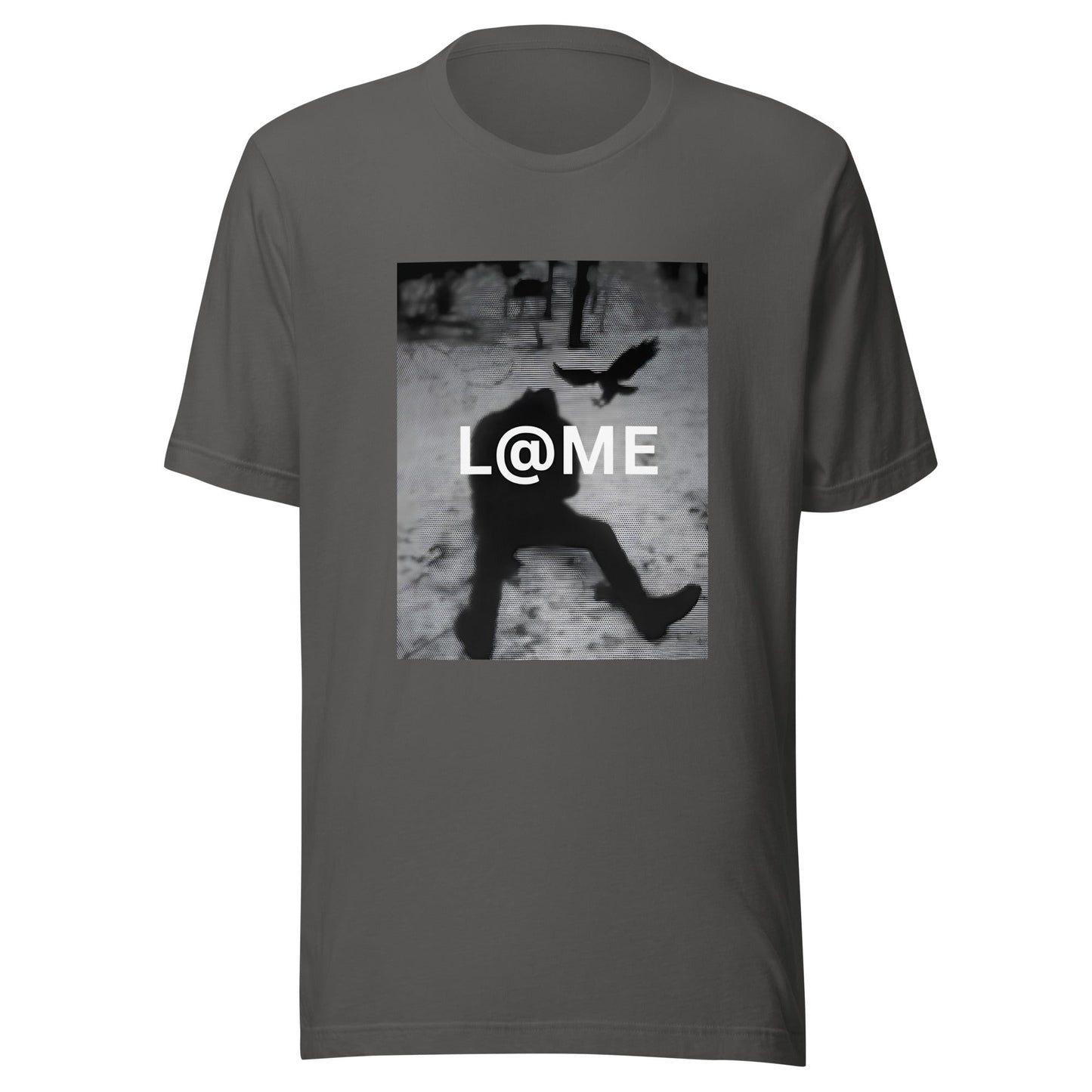Black and white L@ME Motion Tee with a silhouette mid-step and bird in flight design