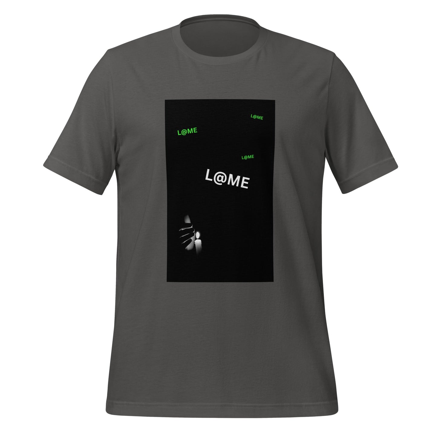 Black L@ME Neon Whispers tee with subtle green logos and a central print on front