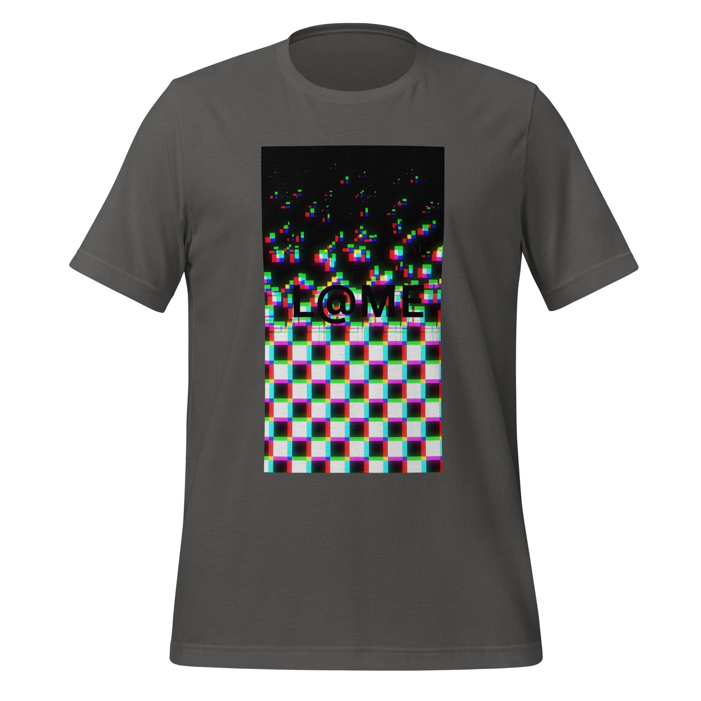 L@ME Static Reality Tee with glitch-style warped grid and static pattern on cotton fabric