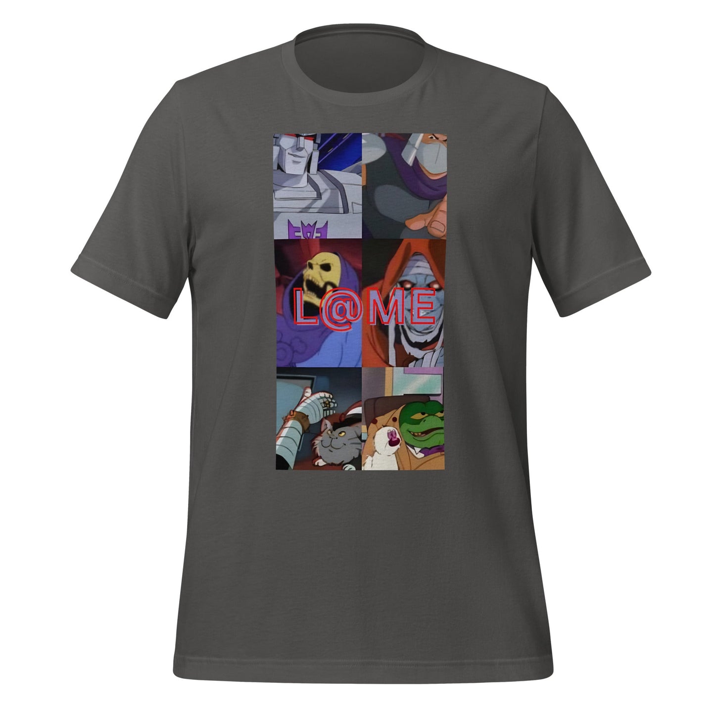 A cartoon tee featuring chaotic comic panels and the L@ME logo in electric red.