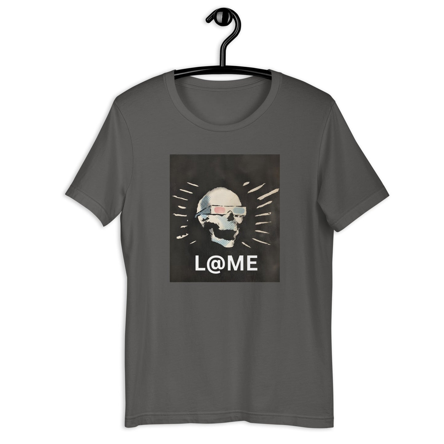 Black streetwear tee with stylized skull and lightburst accents wearing tinted shades.