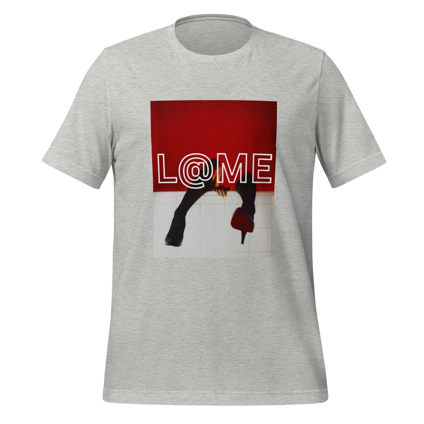 Unisex red cotton t-shirt with black and white photo and high-heel design on front