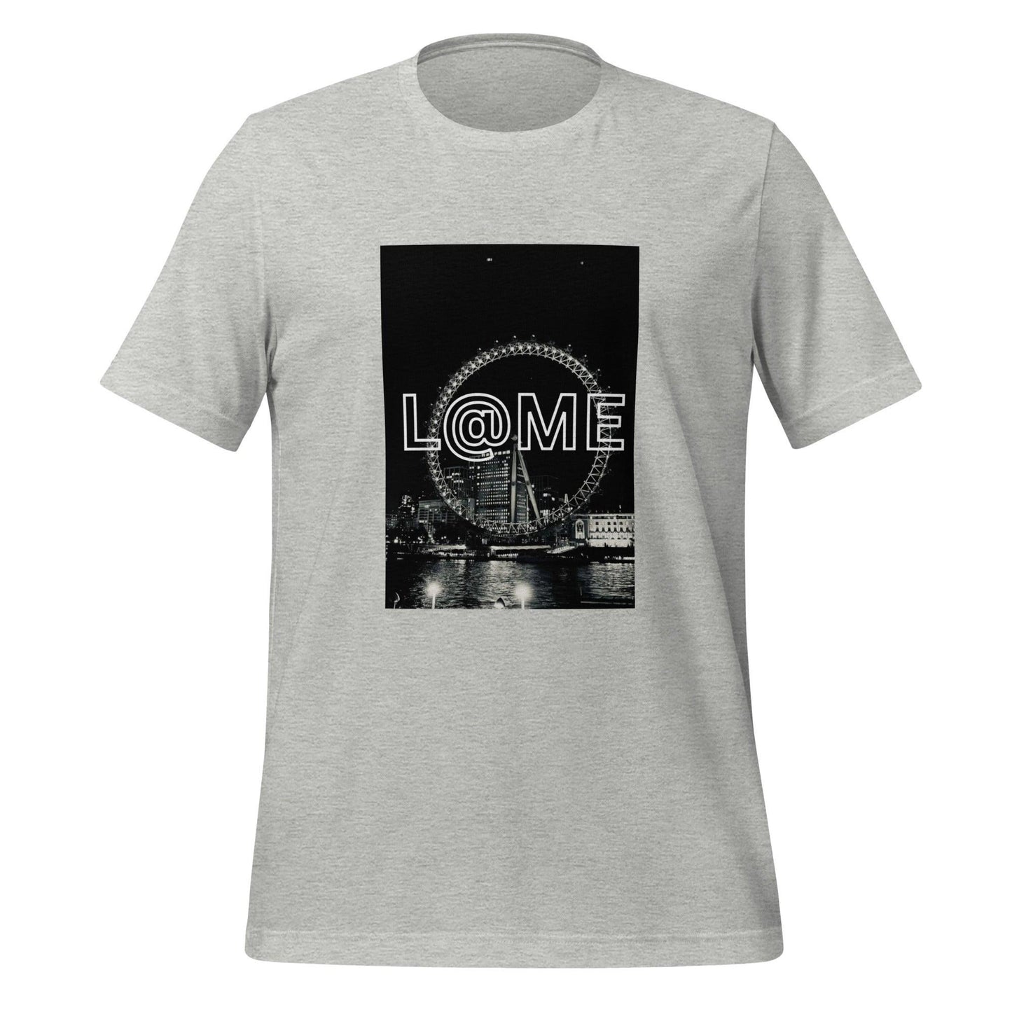 Black-and-white unisex t-shirt featuring the London Eye at night and the L@ME logo.