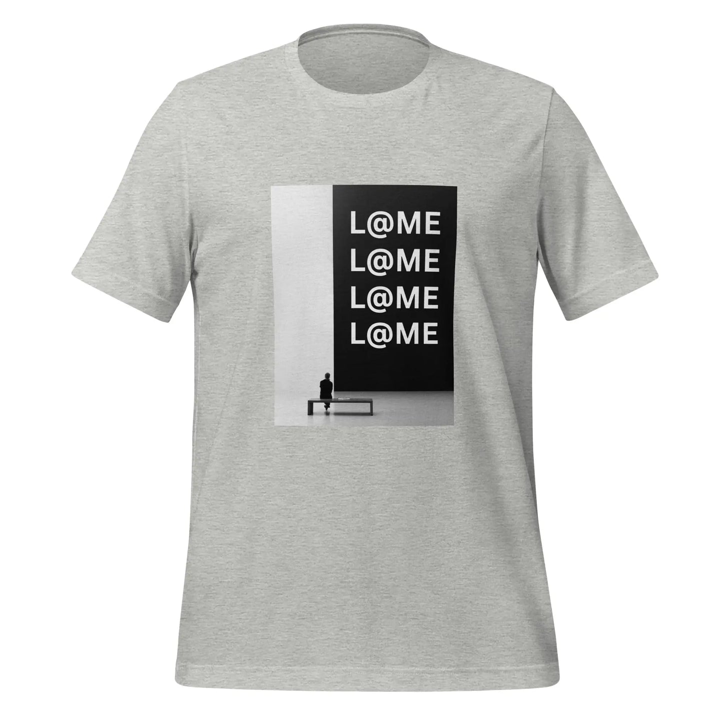 Monochrome unisex t-shirt featuring bold black-and-white L@ME typography on a clean backdrop.