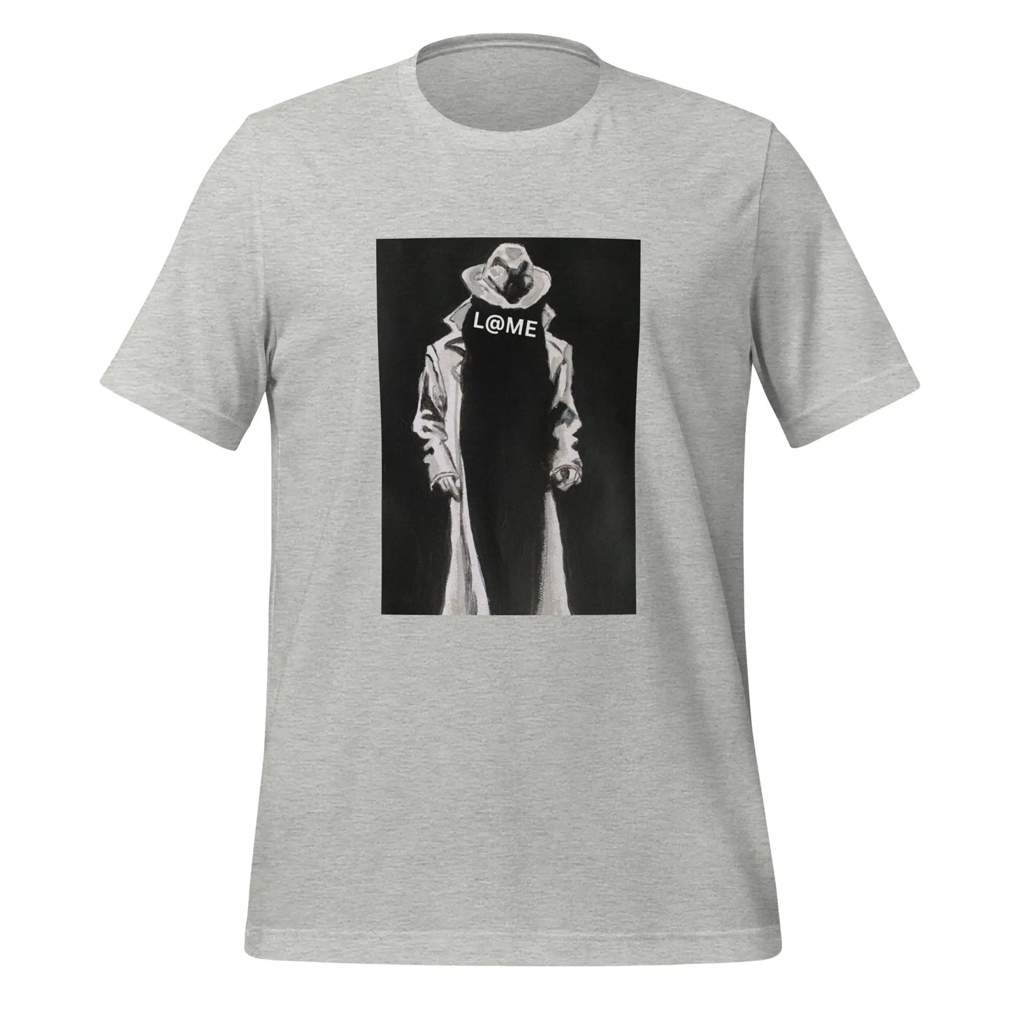 Black unisex t-shirt featuring a trench-coated figure graphic and bold L@ME logo.