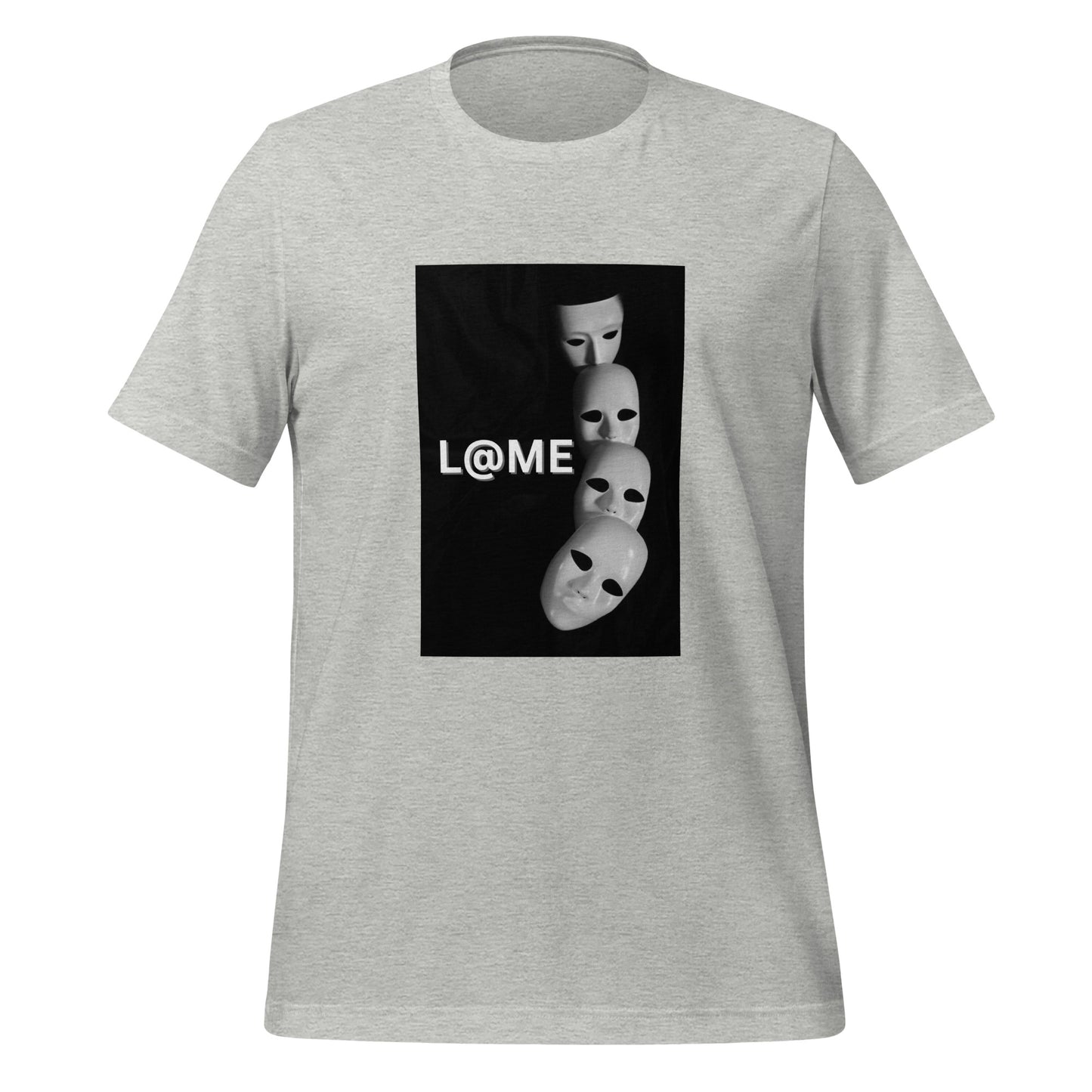 Unisex black t-shirt featuring a white cascade of masks on the front design.