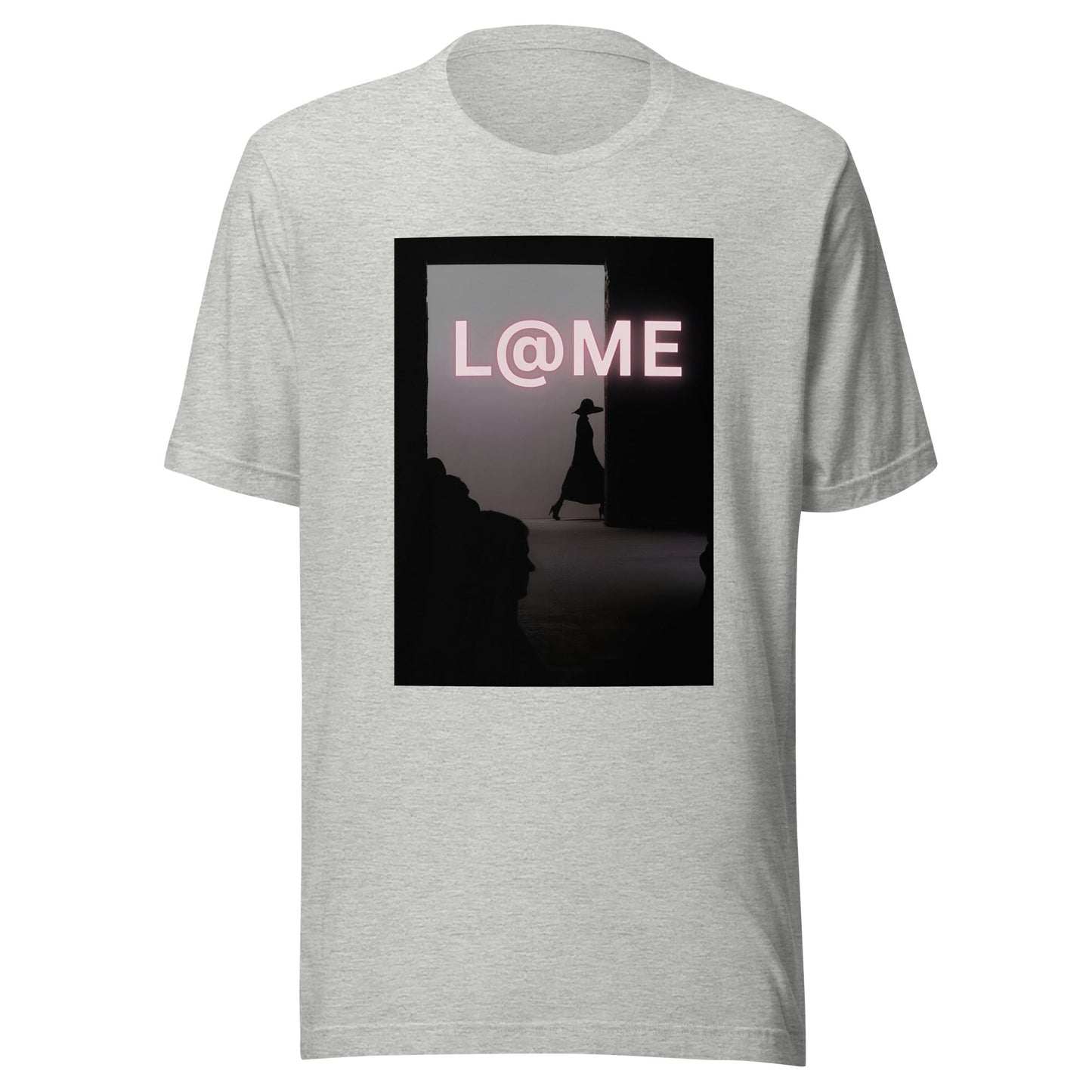 A soft blush-pink unisex tee with a shadowed doorway and bold L@ME logo.