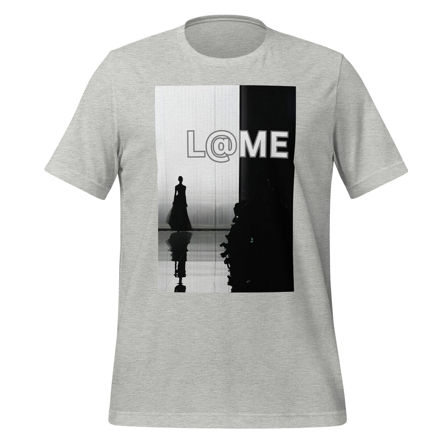 Unisex T-shirt featuring a high-fashion runway figure in dramatic monochrome design.