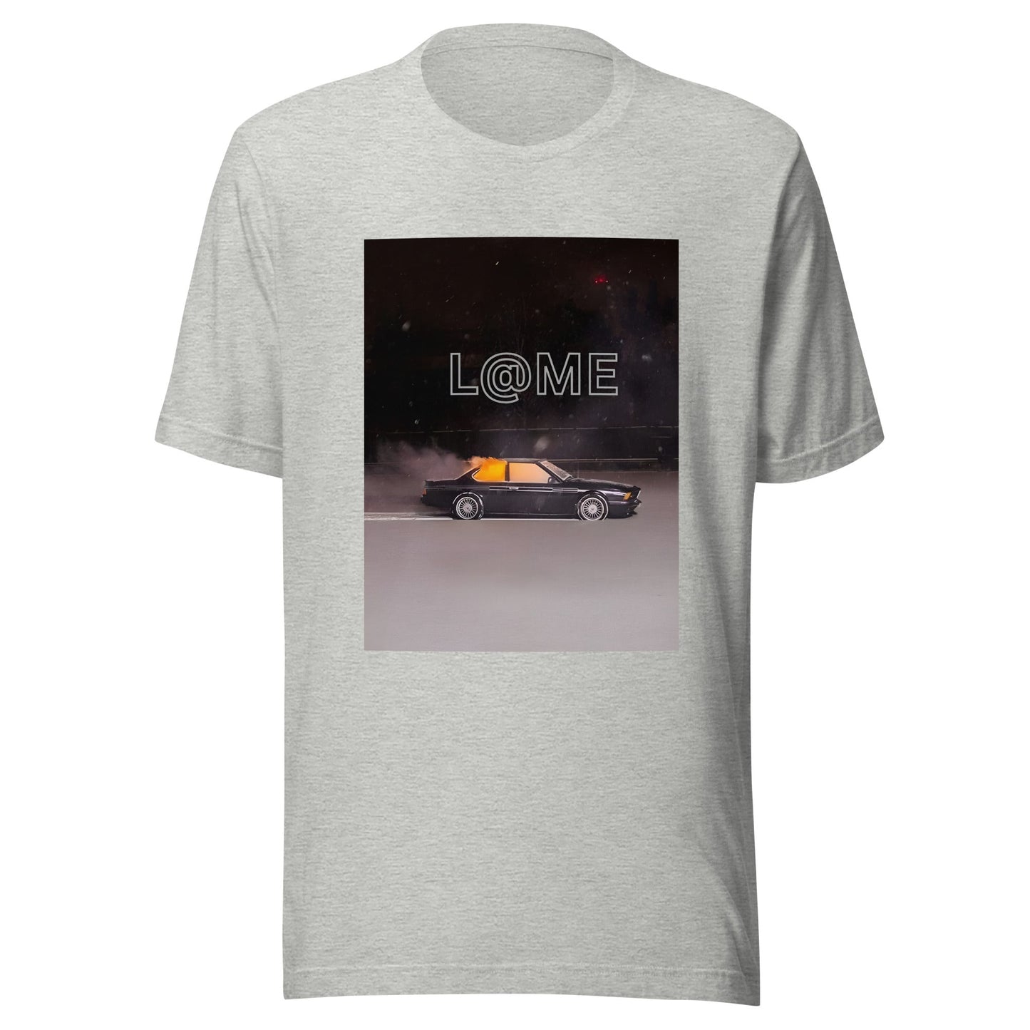 Graphic t-shirt featuring a retro car design under neon skies and the L@ME logo.
