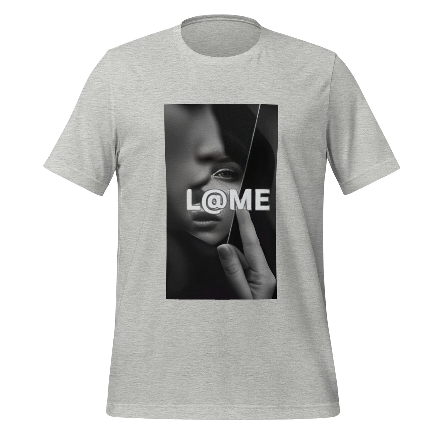 Black and white graphic t-shirt with shattered portrait and L@ME logo on front