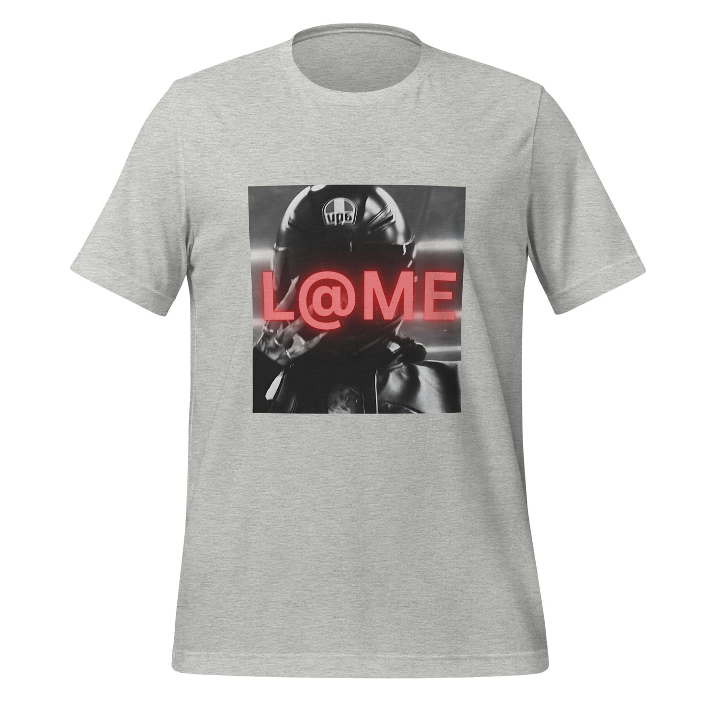 Neon Rider Graphic T-Shirt featuring a helmeted figure and glowing red typography on cotton fabric.
