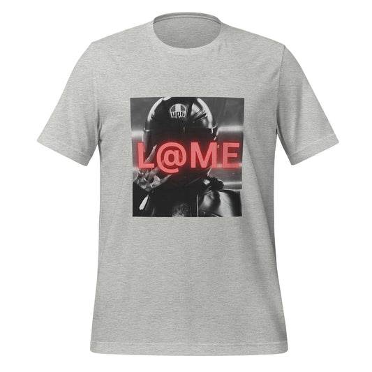 Neon Rider Graphic T-Shirt featuring a helmeted figure and glowing red typography on cotton fabric.