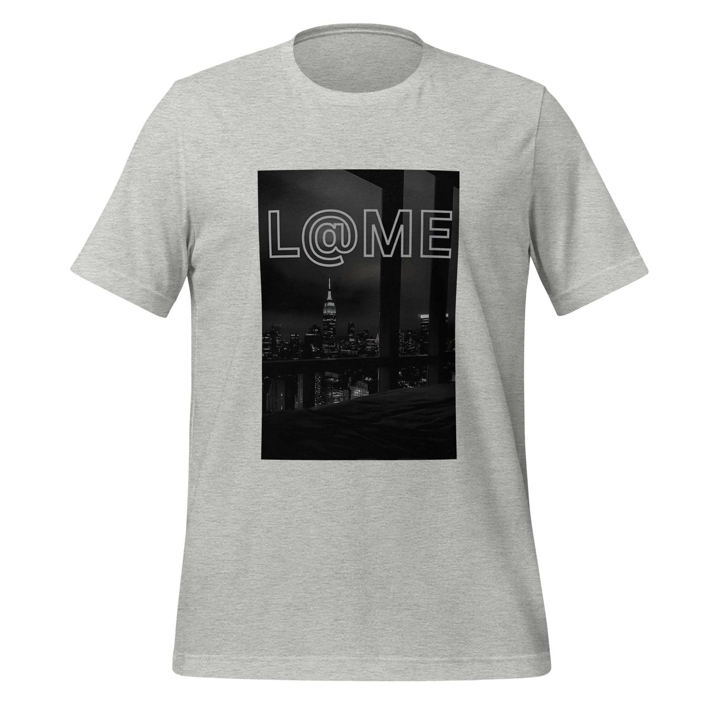 Black and white city skyline T-shirt with neon-style L@ME logo on front