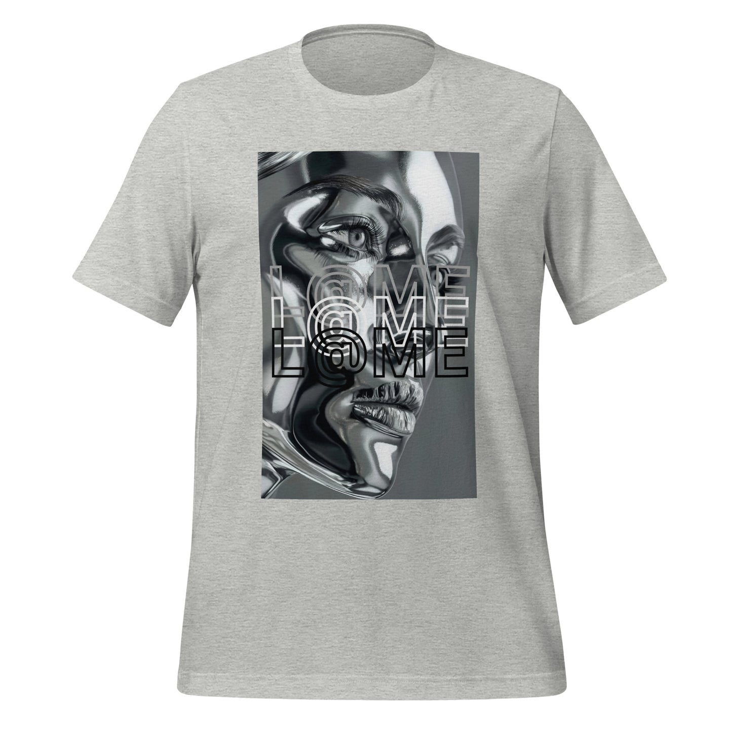 Futuristic chrome face graphic t-shirt with L@ME logo on a fitted cotton fabric.