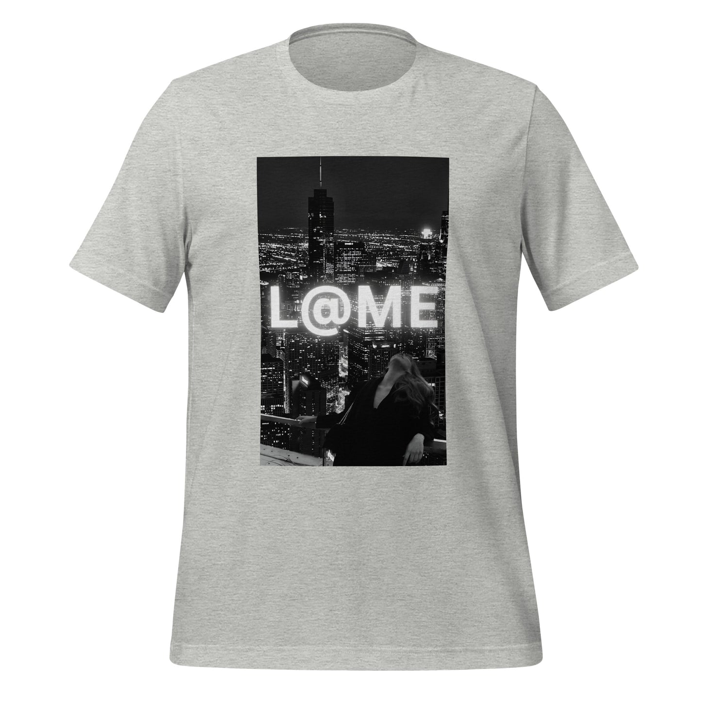 Black L@ME City Lights T-shirt with neon logo and city skyline design on front