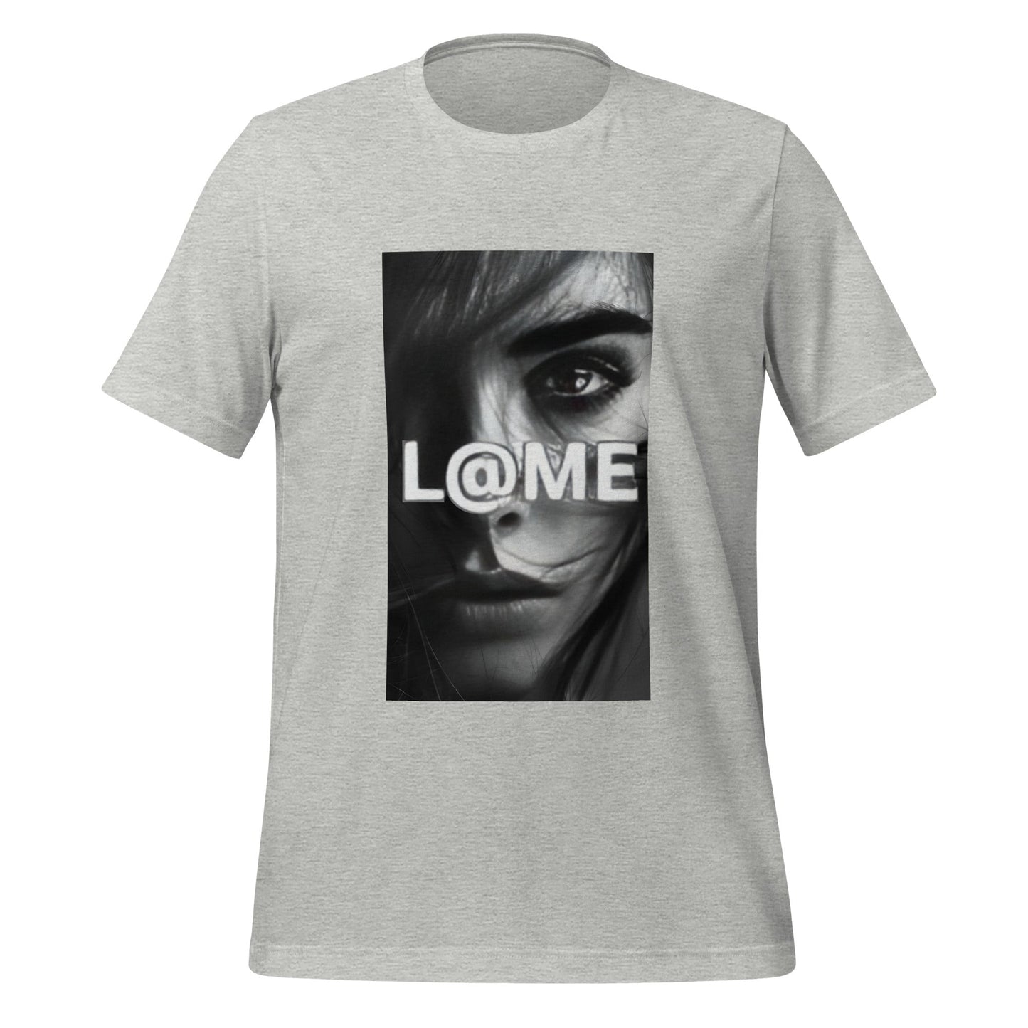 Black t-shirt featuring a grayscale face design and the L@ME logo on the front.