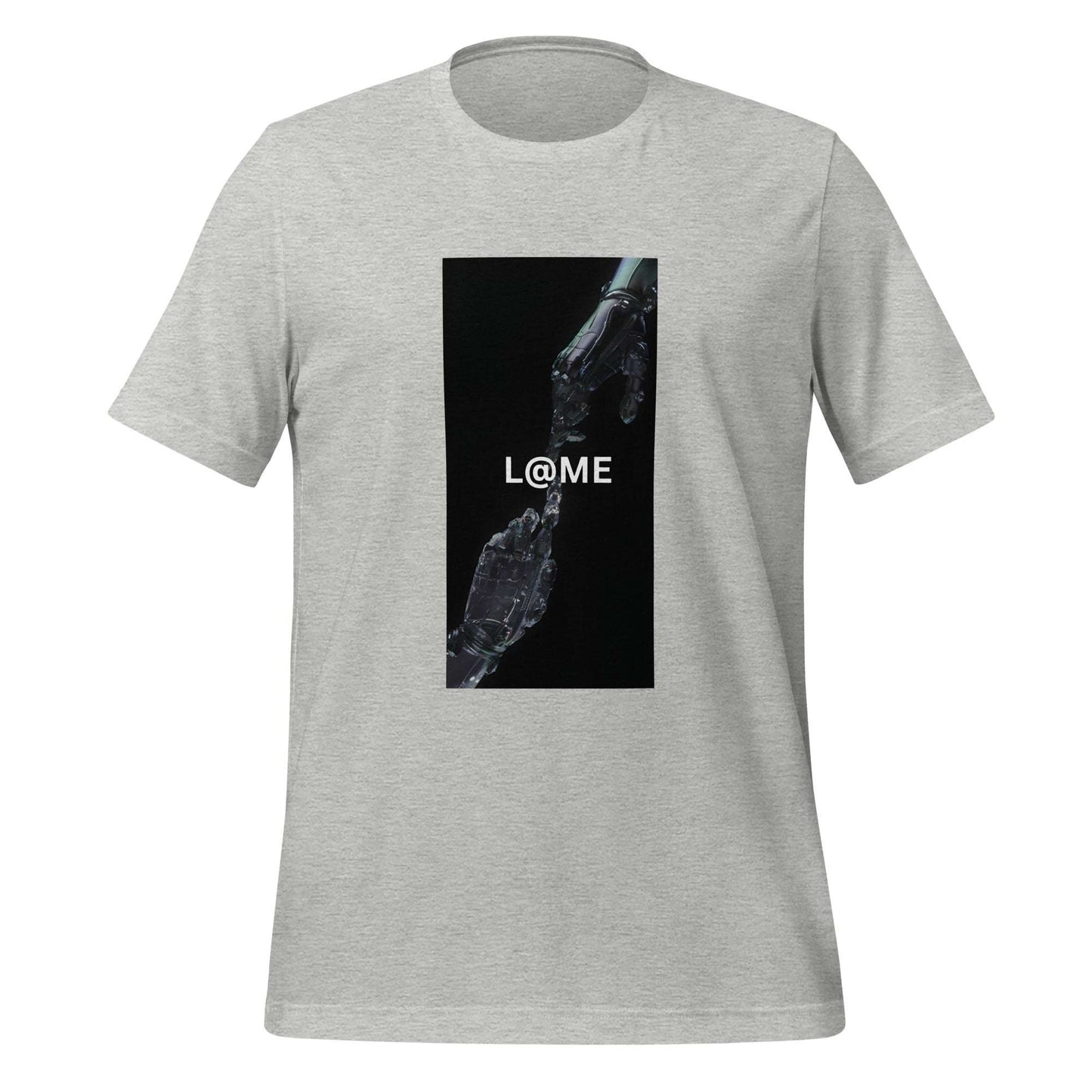 A soft cotton tee featuring two robotic hands reaching through darkness in a minimalist design.