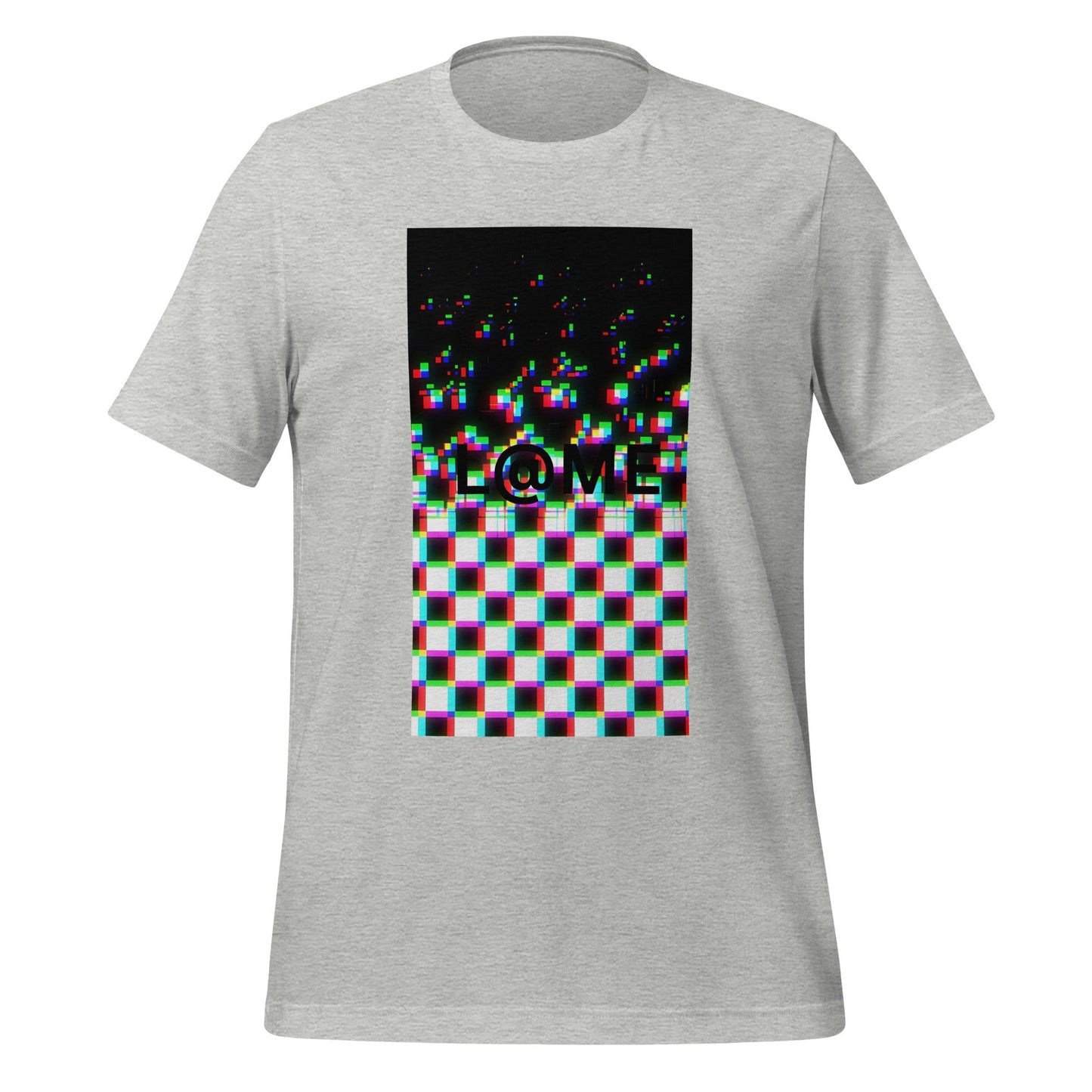 Black tee featuring a bold glitch design with a warped grid and static pattern.