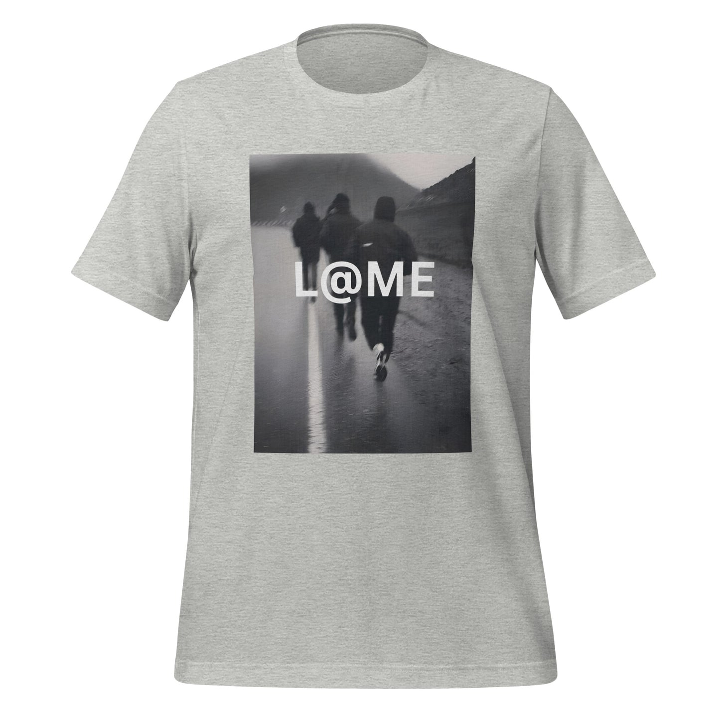Grayscale street photo graphic tee with L@ME logo on a light gray cotton shirt