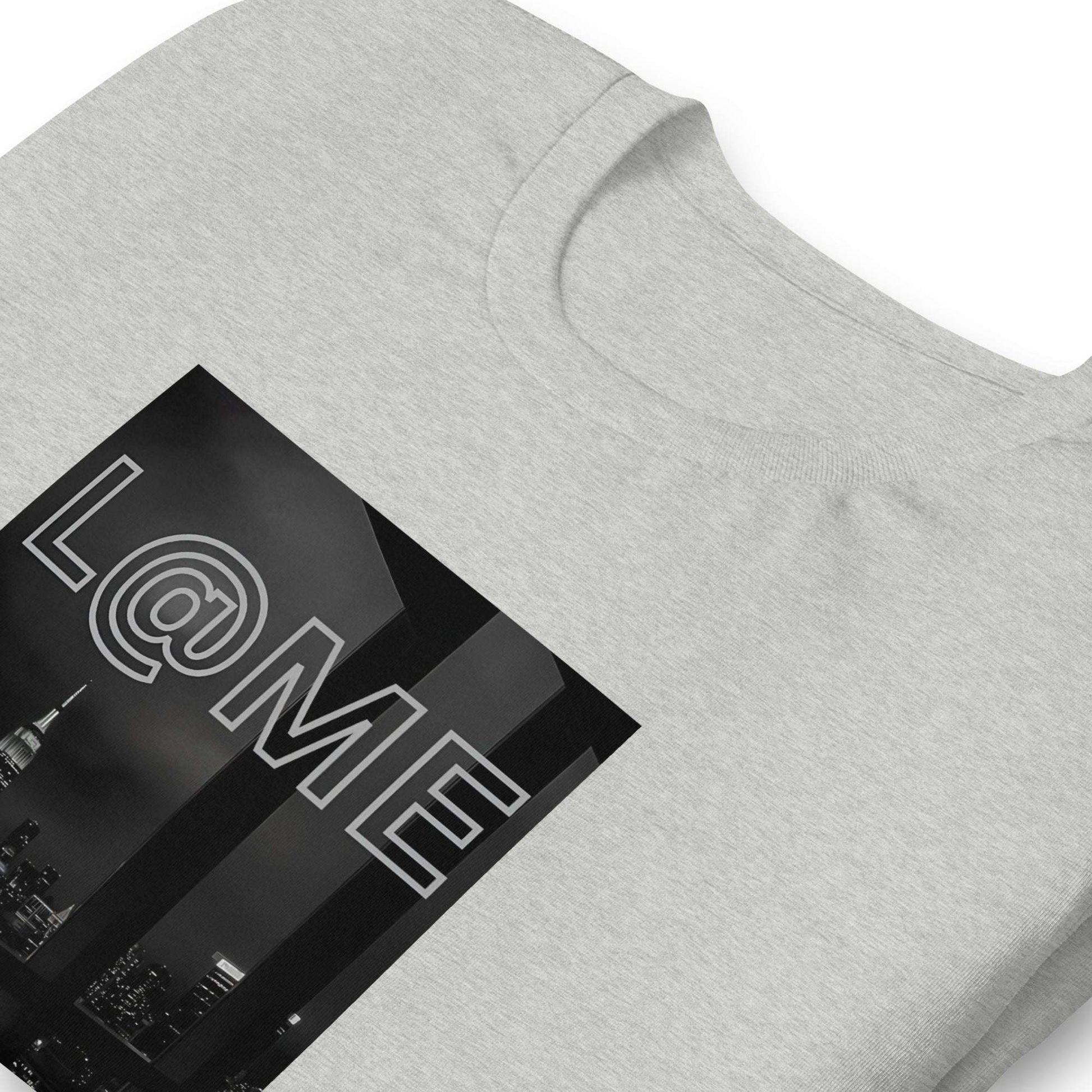 Black-and-white cityscape t-shirt featuring a neon-inspired L@ME logo.