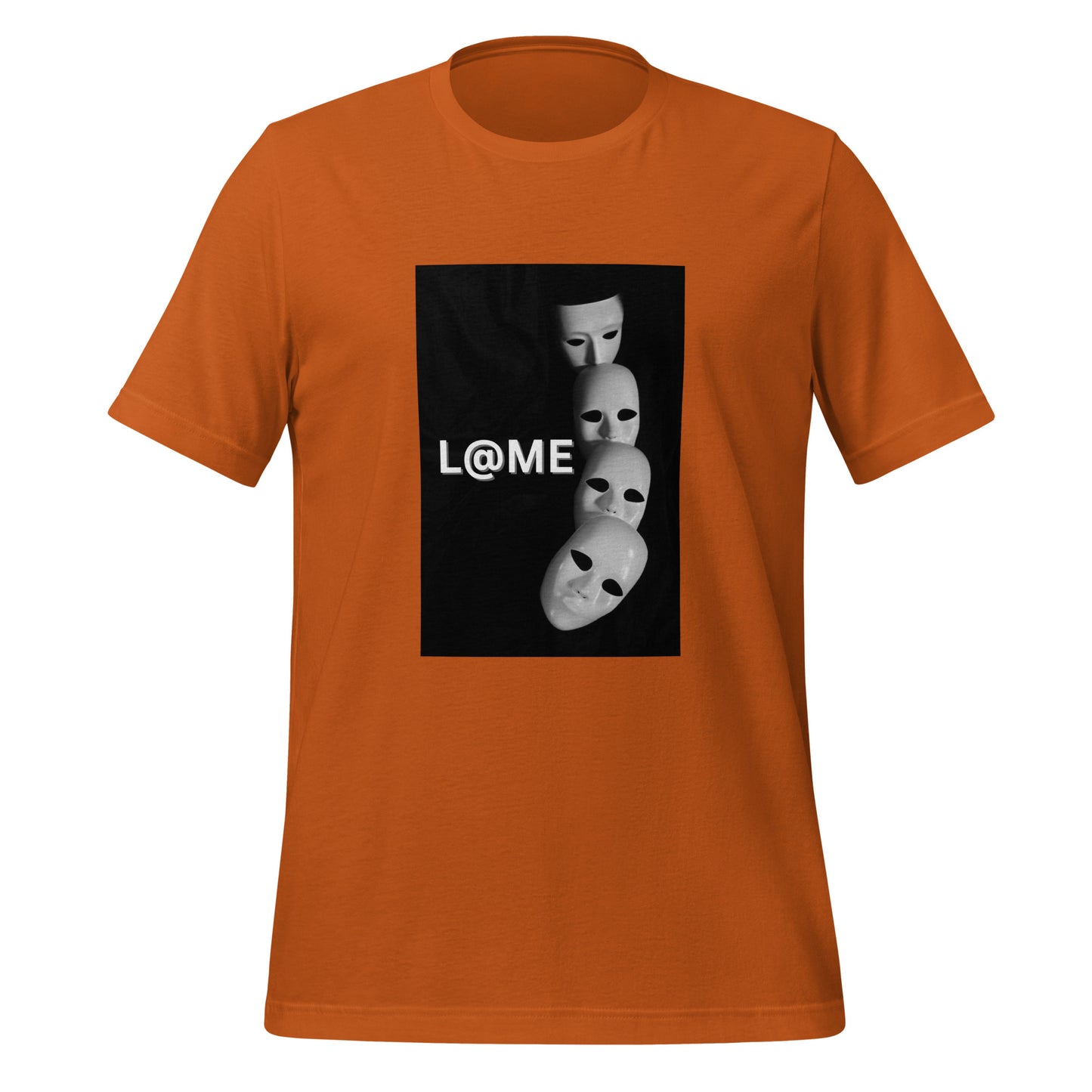 Unisex black T-shirt featuring a white cascade of masks on a black background.