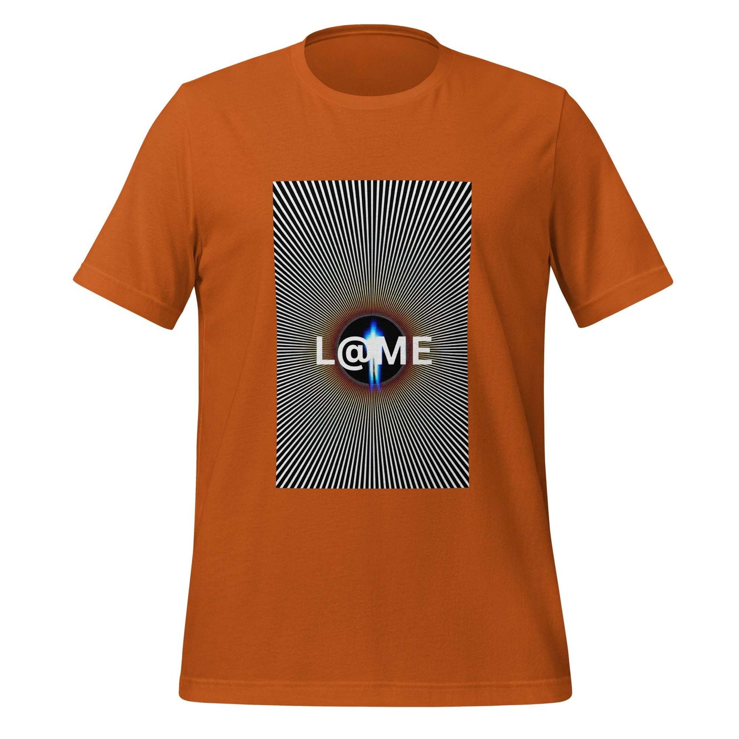 Black and white graphic t-shirt with hypnotic vortex and radiant burst design, unisex fit