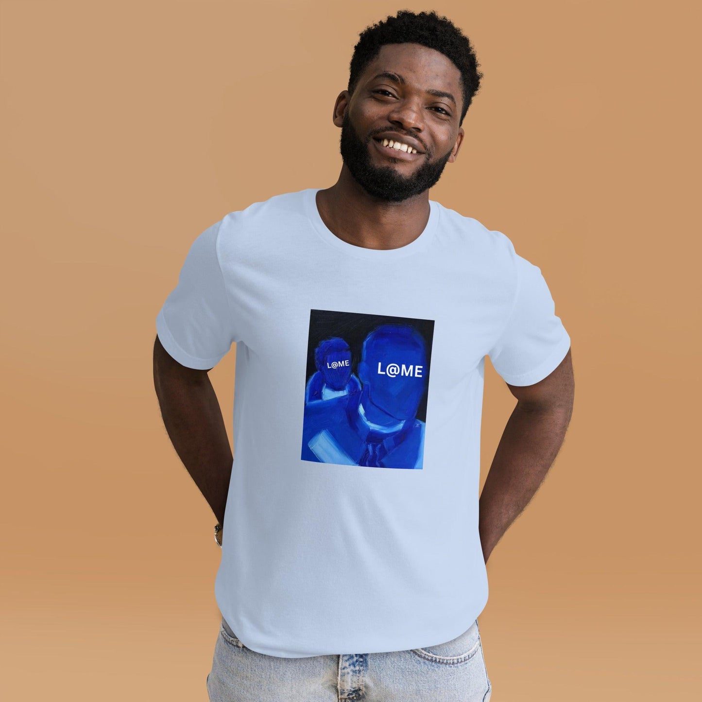 Midnight blue unisex cotton T-shirt with double-figure design and L@ME branding on front