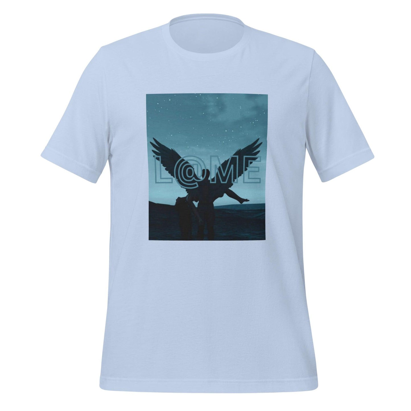 Unisex t-shirt featuring a silhouetted figure with wings against a starry blue night sky.