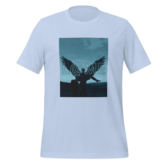 Unisex t-shirt featuring a silhouetted figure with wings against a starry blue night sky.