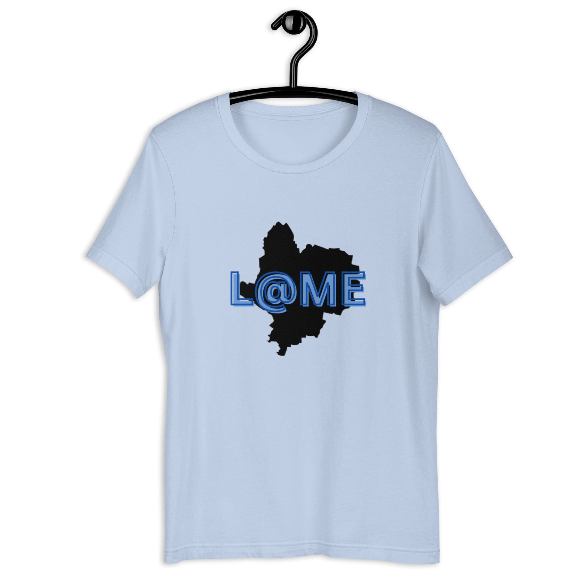 Purple t-shirt featuring a black silhouette graphic and vibrant blue lettering.