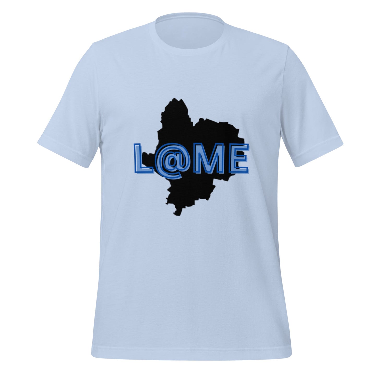 Purple unisex tee with black silhouette and blue lettering on front, made of soft cotton.