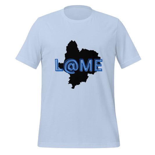 Purple unisex tee with black silhouette and blue lettering on front, made of soft cotton.