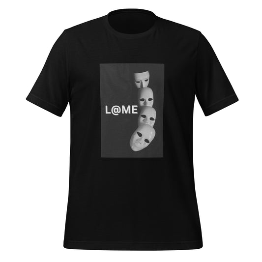Unisex black T-shirt featuring falling masks on a dark background.