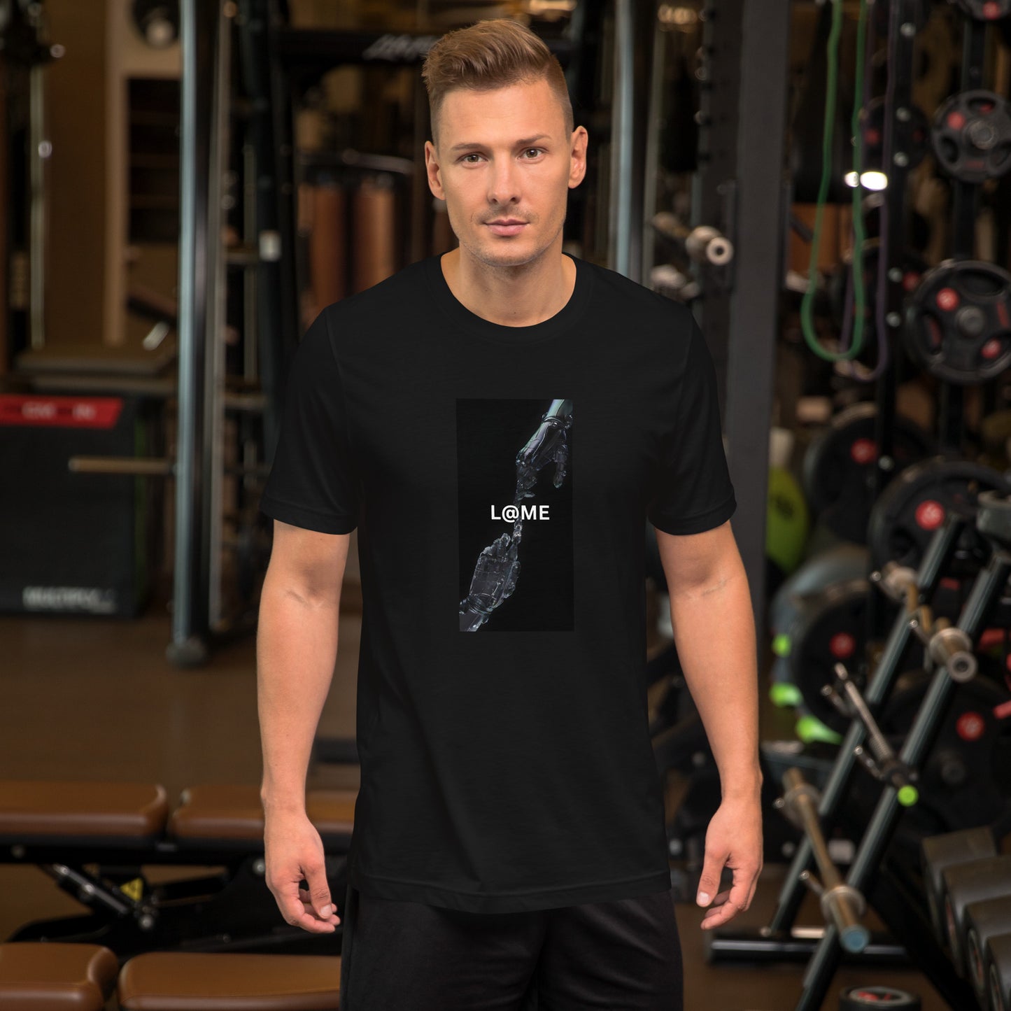 A soft cotton tee featuring two robotic hands reaching through darkness in a minimalist design.