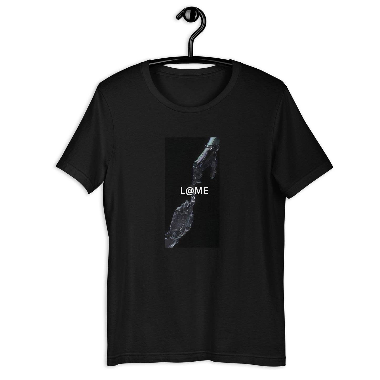 A soft cotton tee featuring a graphic of two robotic hands reaching through darkness.