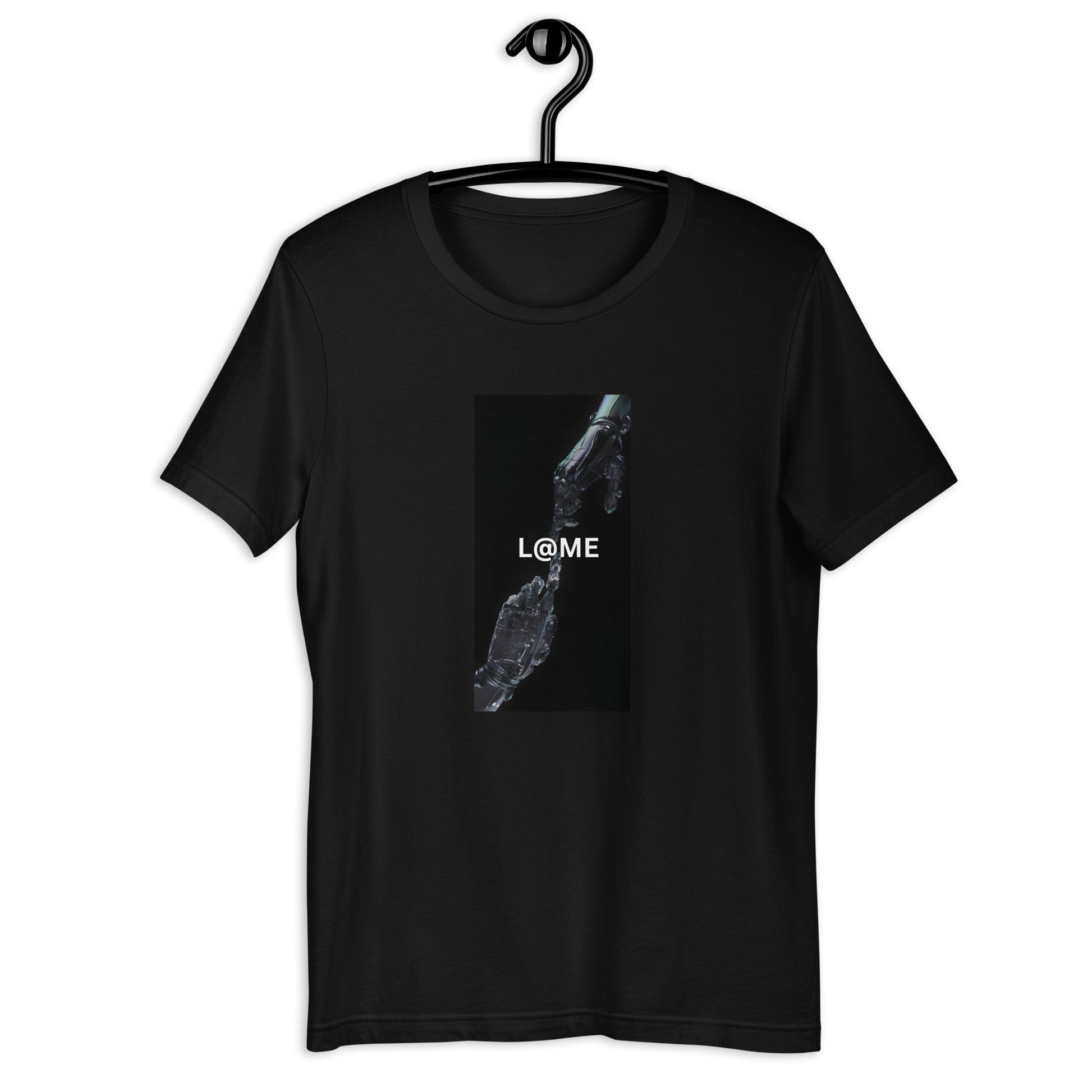 A soft cotton tee featuring a graphic of two robotic hands reaching through darkness.