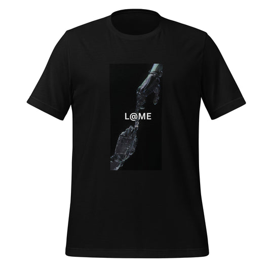 A soft cotton tee featuring two robotic hands reaching through darkness in a minimalist design.