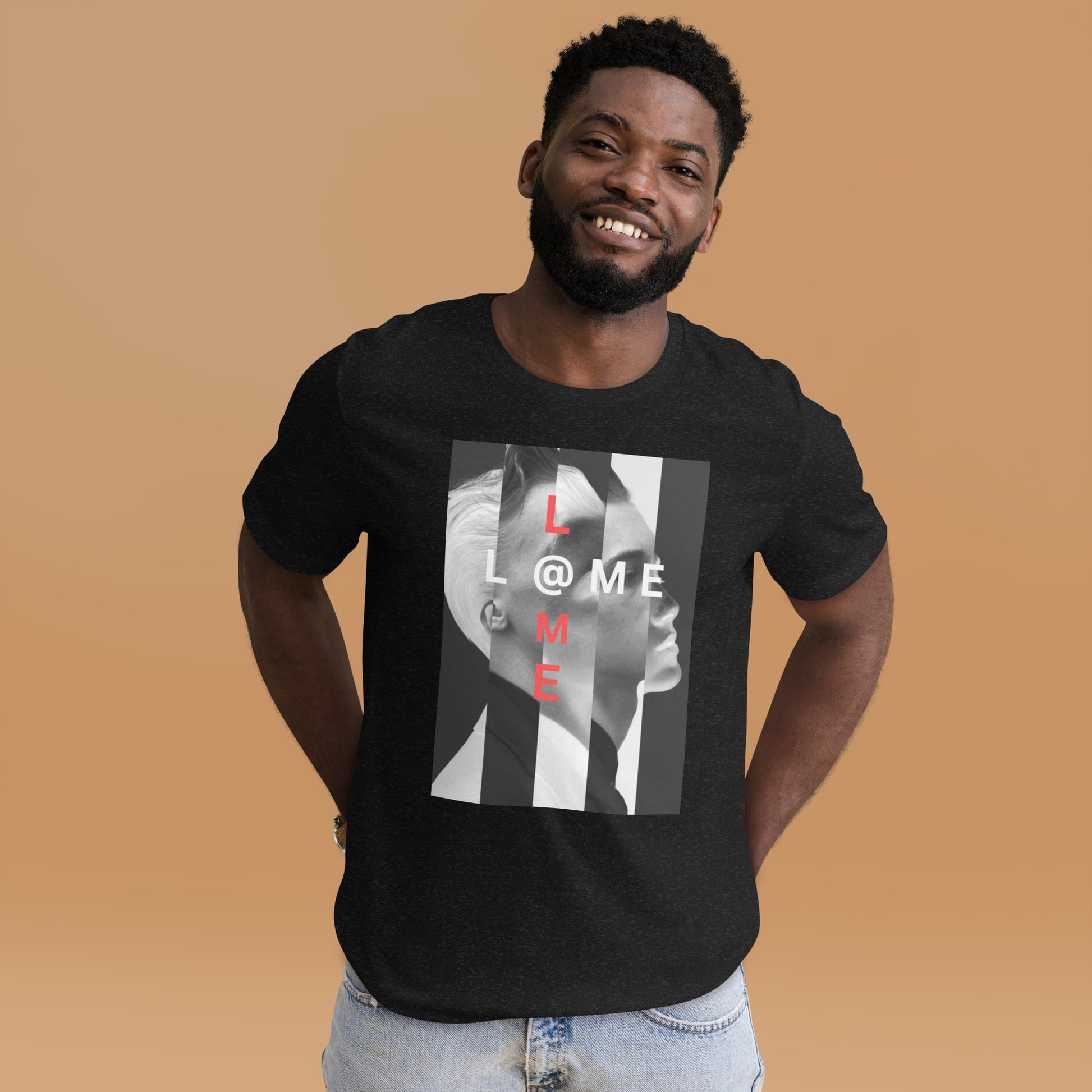 Black urban tee featuring bold white stripes and red text accents on a minimalist design.